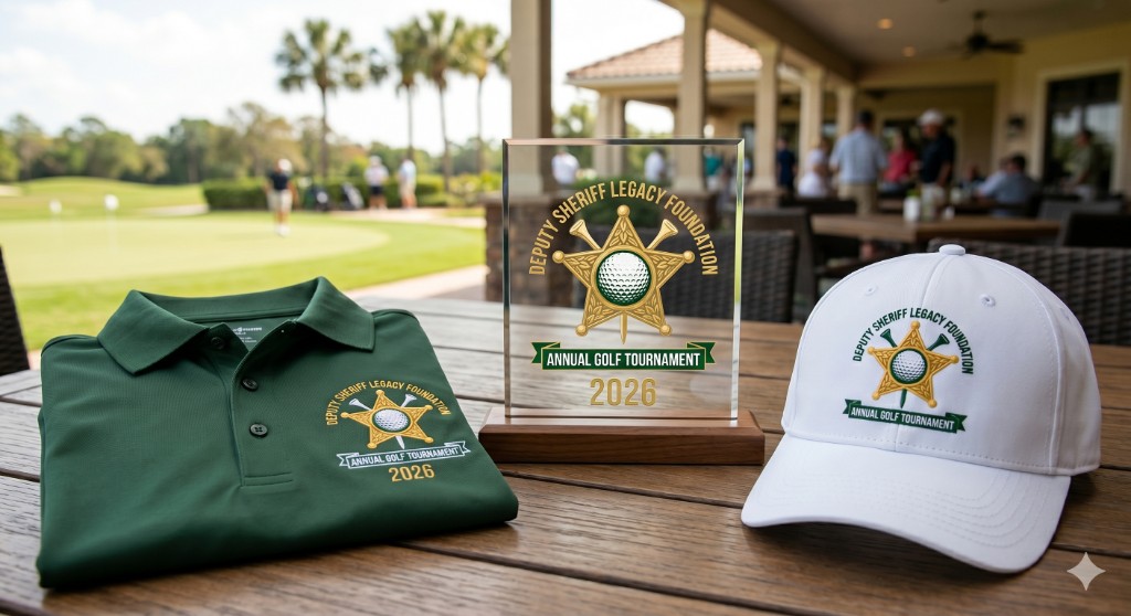 2026 Deputy Sheriff Legacy Foundation Annual Golf Tournament branded polo, acrylic trophy, and cap displayed at the golf course.