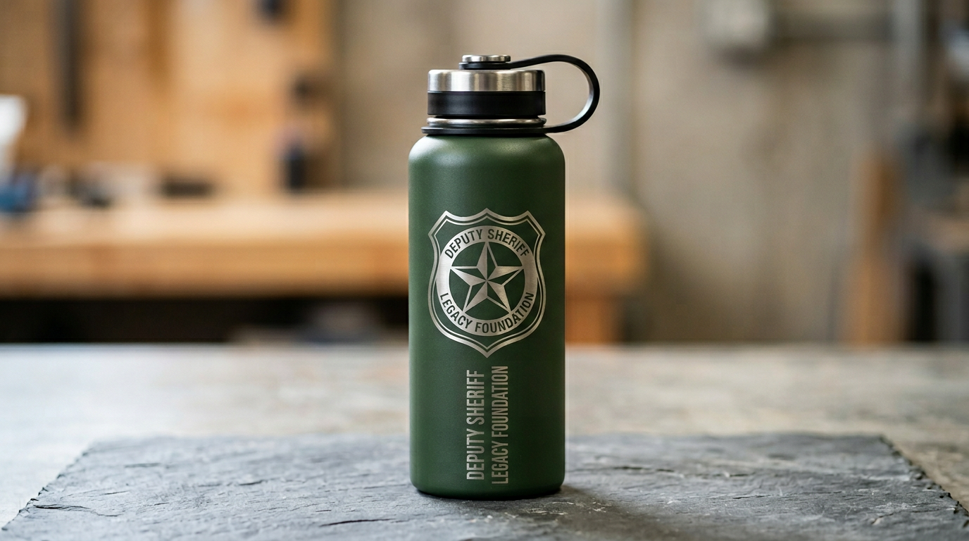 Photorealistic preview of a forest green stainless water bottle with etched-style emblem