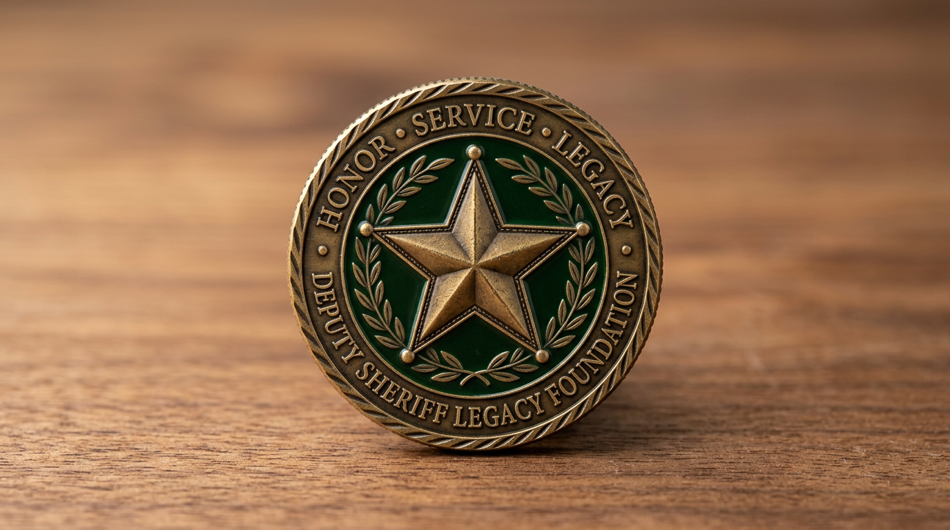 Photorealistic preview of a bronze and green challenge coin on wood