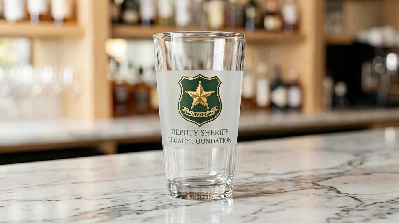 Photorealistic preview of a pint glass with frosted foundation artwork