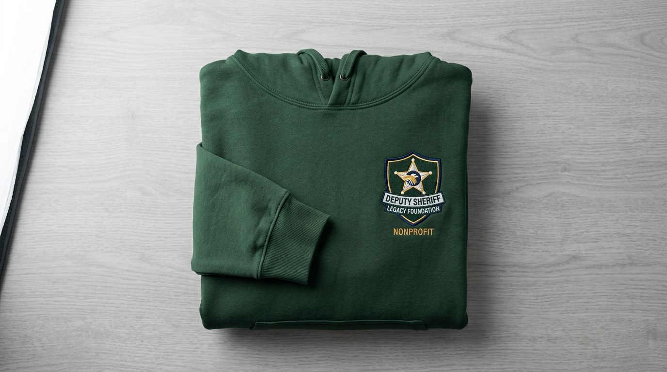 Photorealistic preview of a folded forest green hoodie with chest branding
