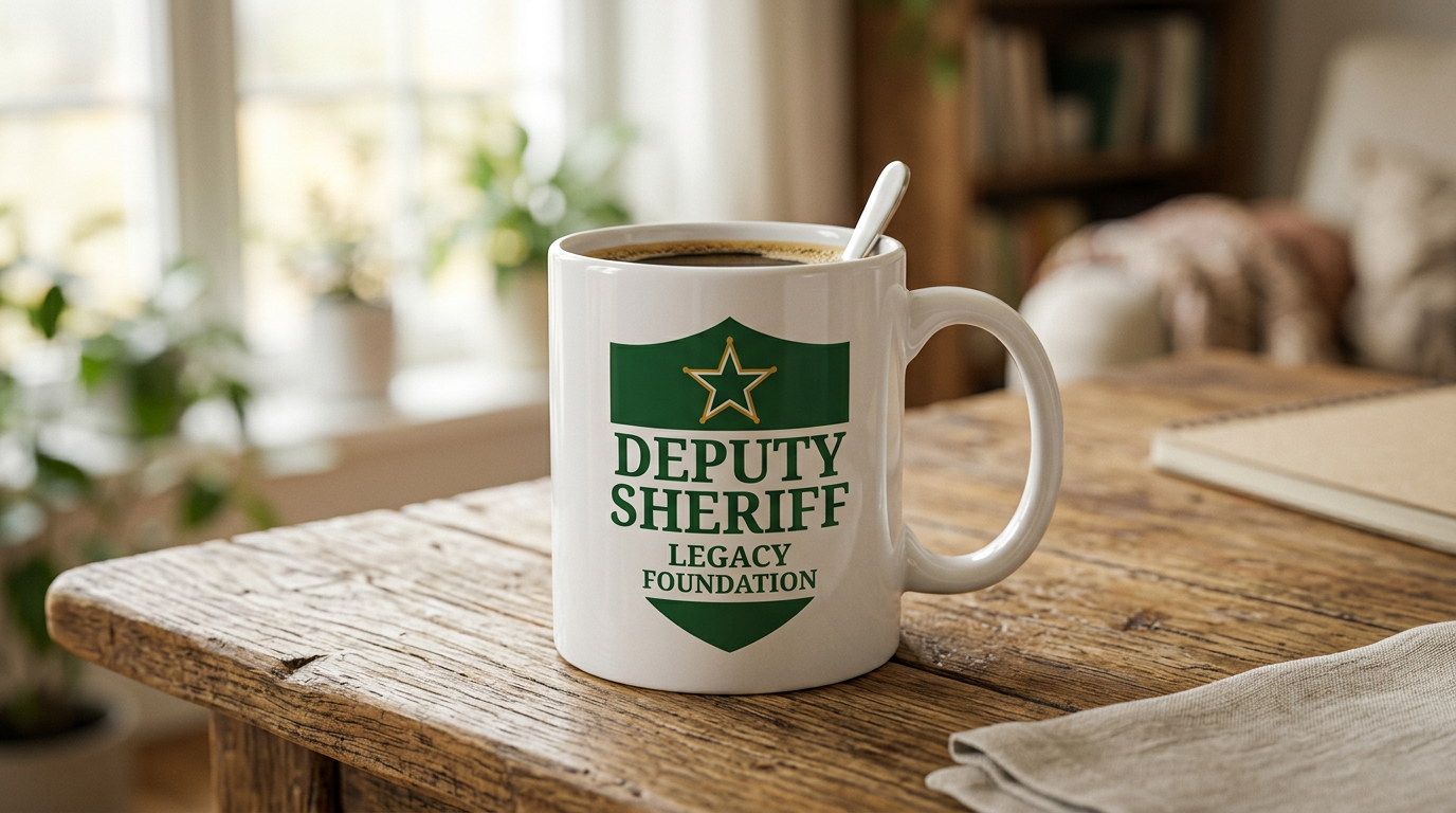 Photorealistic preview of a white ceramic mug with foundation wrap print