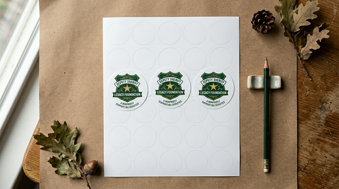 Photorealistic preview of a sticker sheet with round foundation stickers