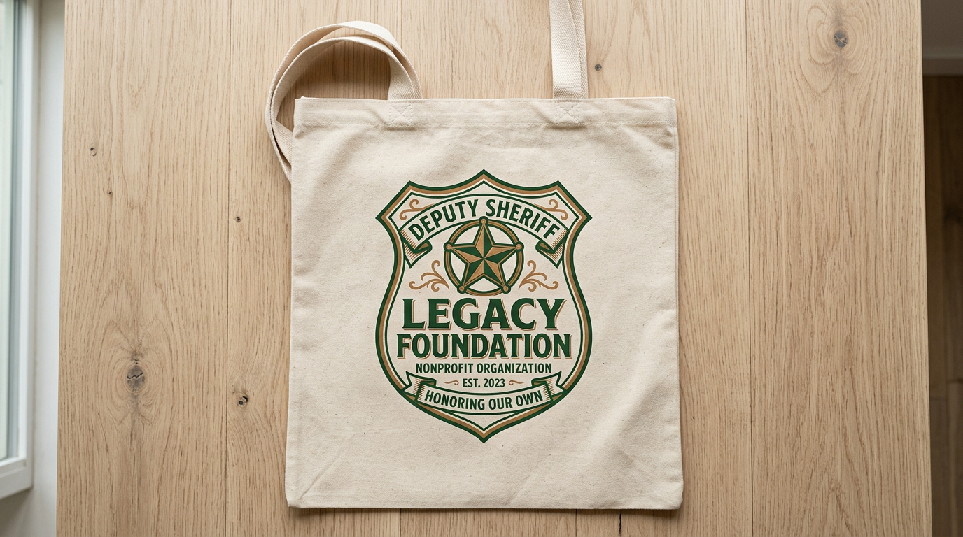 Photorealistic preview of a natural canvas tote with printed foundation logo